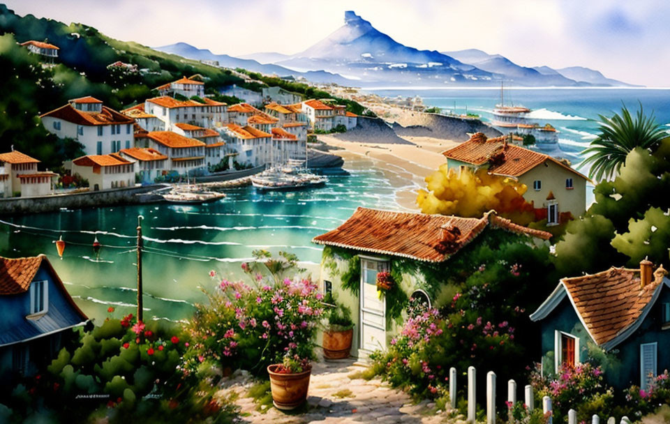 Scenic coastal village with white houses, beach, boats, and mountain view