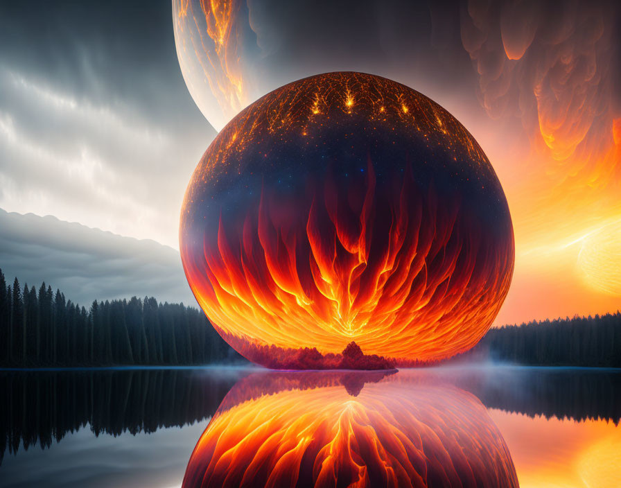 Digital artwork: Fiery sphere above misty lake with forest skyline & stormy clouds