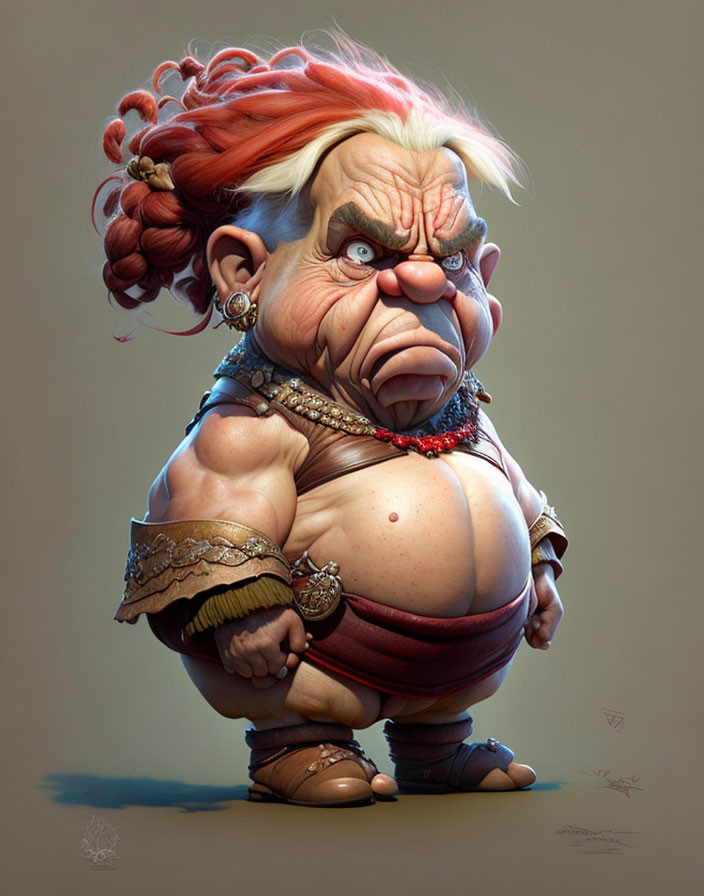 Detailed 3D illustration of grumpy fantasy character with red hair, fur-lined bra, and jewelry