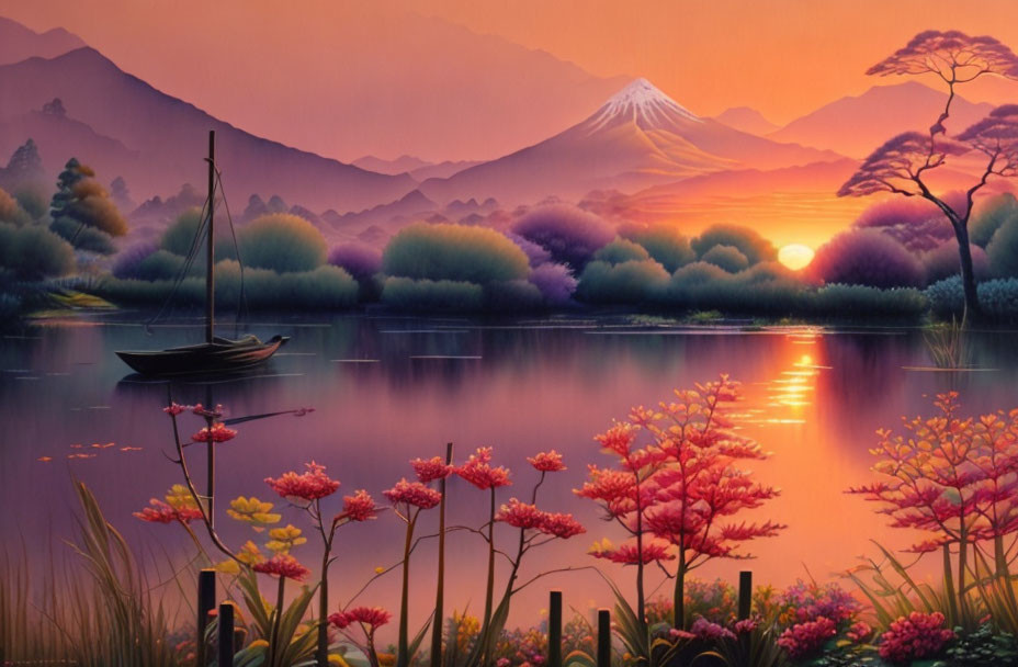 Serene landscape with boat, flowers, sunrise, and mountains