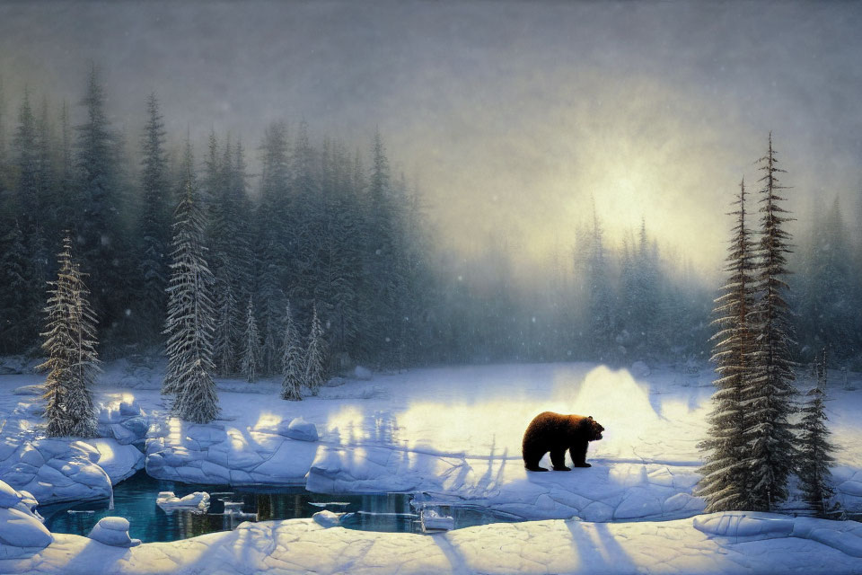 Solitary bear in snowy landscape with snow-covered trees