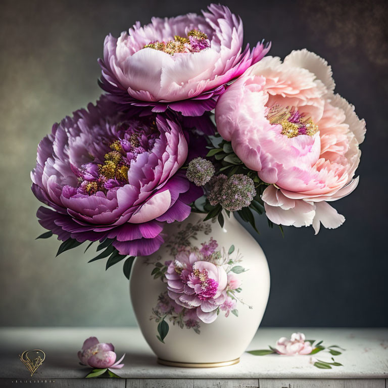 Vibrant Pink and Purple Peonies in White Vase on Textured Surface