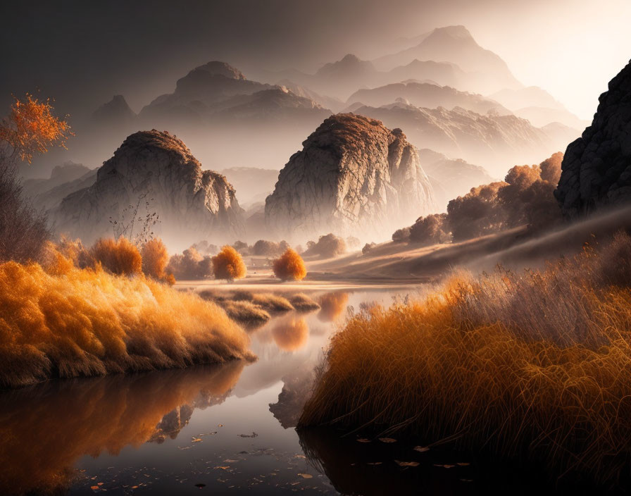 Tranquil Landscape: Golden Reeds, Still River, Misty Mountains