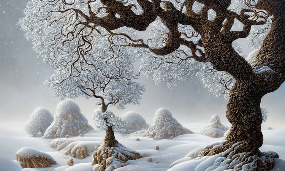 Detailed Winter Landscape with Intricate Tree in Snowy Setting