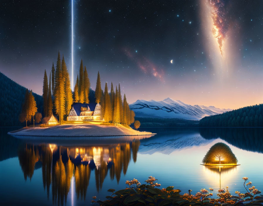 Tranquil lakeside night scene with illuminated cabin, pine trees, and starlit sky