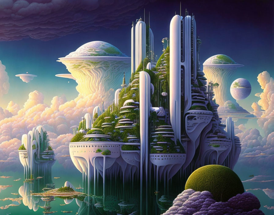 Futuristic cityscape with skyscrapers, greenery, and floating islands