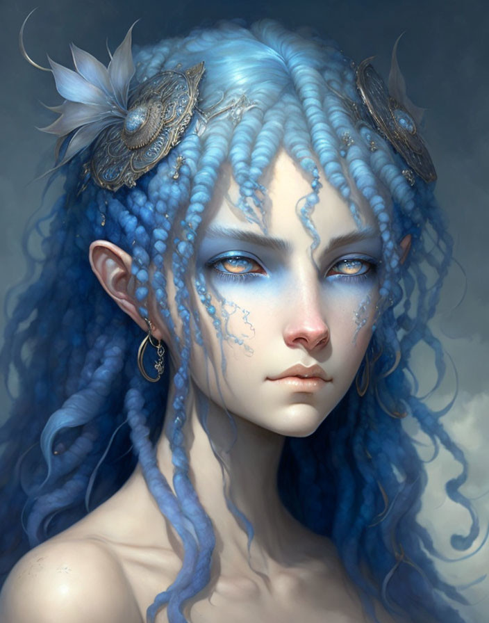 Blue-skinned fantasy character with curly hair and metallic accessories