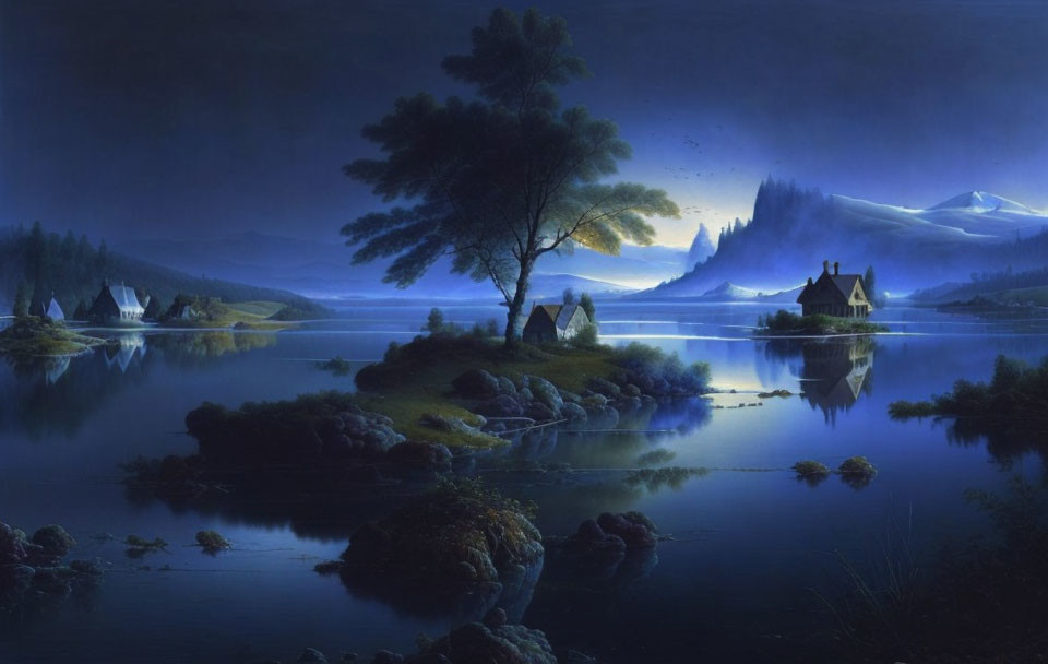 Nighttime landscape: serene lake, trees, cottages, mountains under starry sky