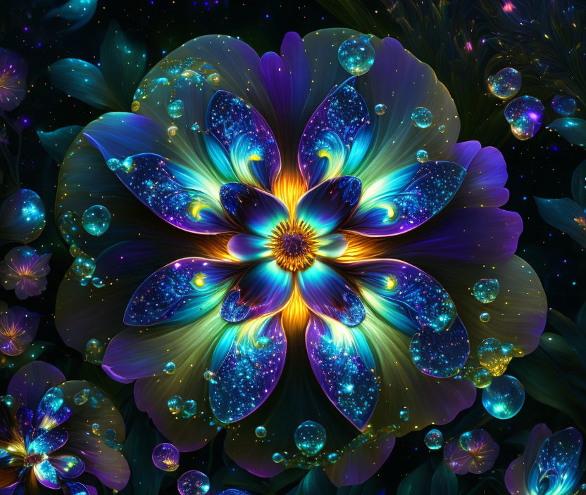 Cosmic flower digital art: vibrant blue and purple petals with glowing orbs on dark backdrop