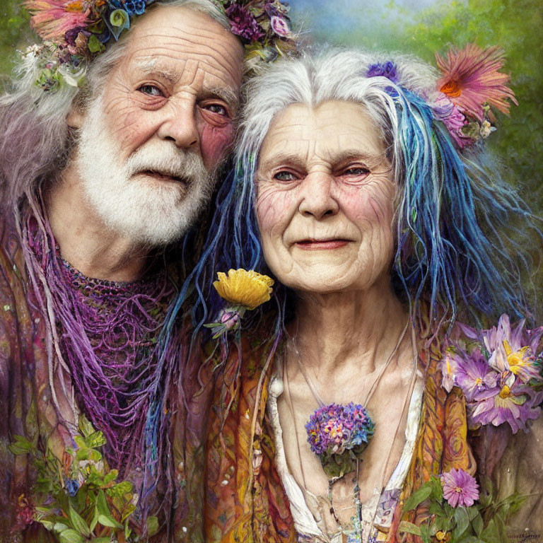 Elderly couple in whimsical attire with colorful hair and flowers sharing a tender moment