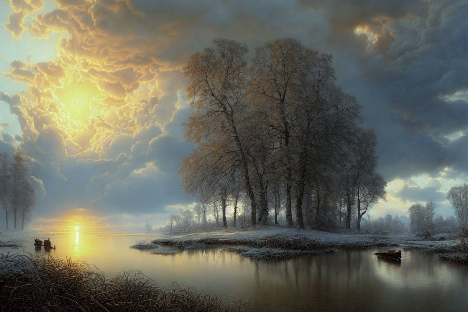 Tranquil winter sunset scene with trees, river, boat, sleigh, and cloudy sky