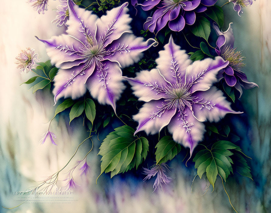 Detailed Illustration of Vibrant Purple Clematis Flowers and Green Leaves