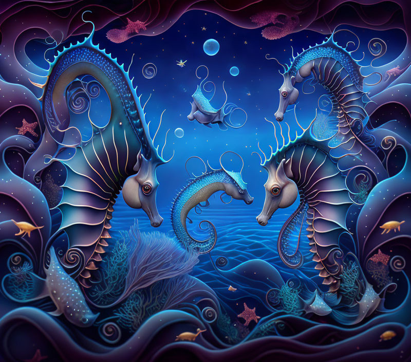 Stylized seahorses in celestial underwater scene