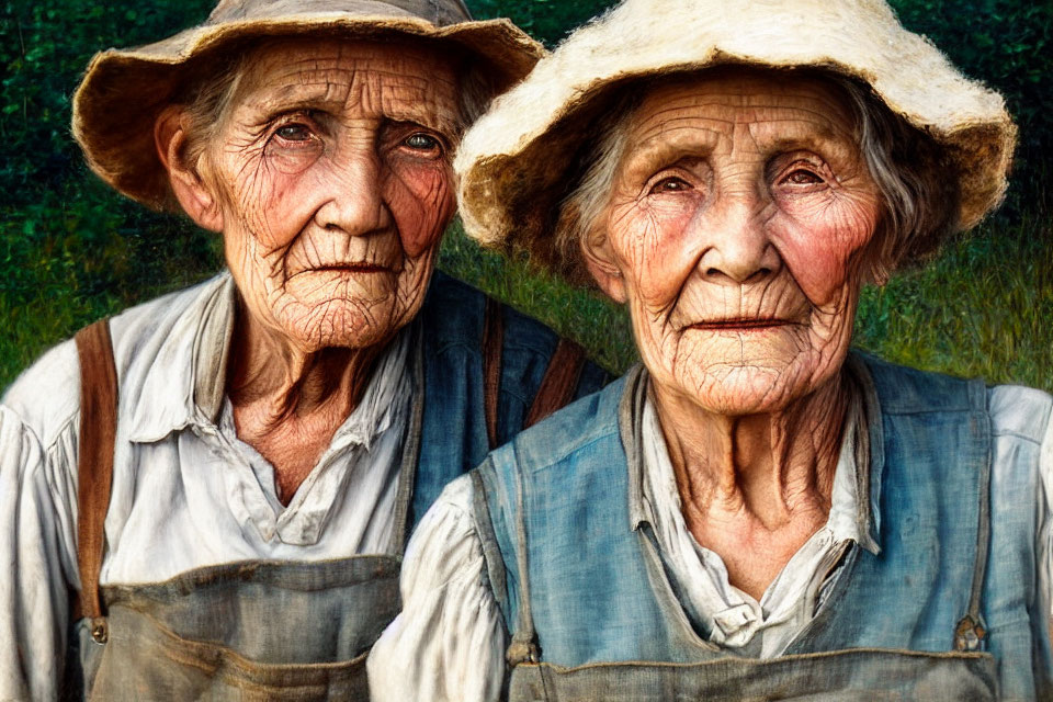 Elderly individuals in rustic hats and overalls outdoors