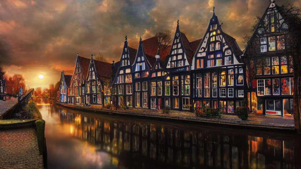 European Houses by Canal: Sunset Reflections & Dramatic Sky