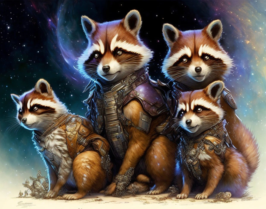 Anthropomorphic raccoons in space armor with cosmic backdrop