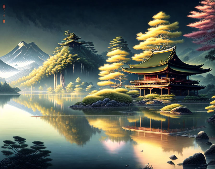 Japanese Temple by Lake: Mount Fuji & Illuminated Trees