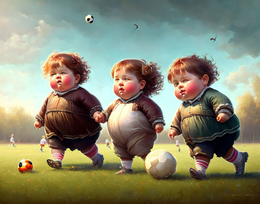 Animated chubby toddlers playing soccer in sunny field with soaring birds