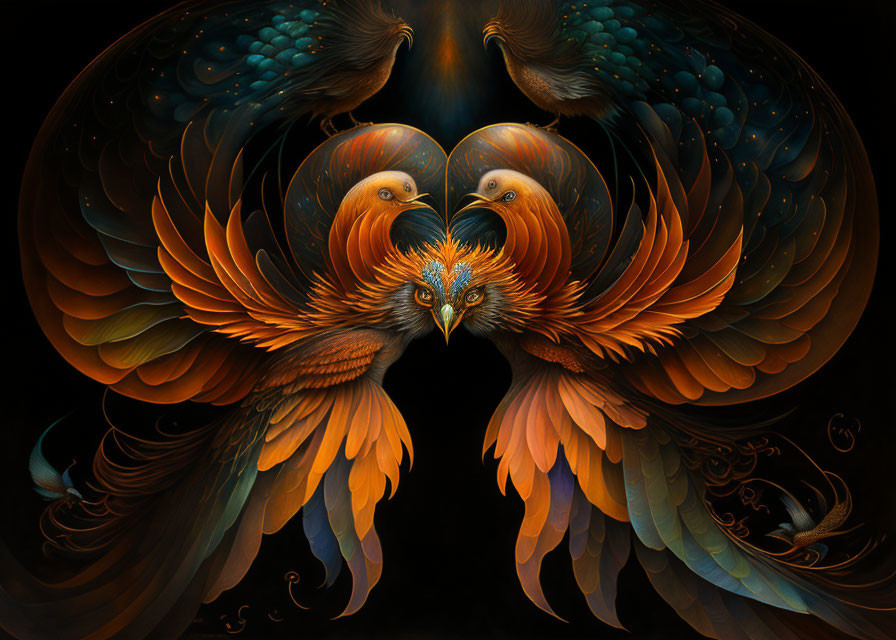 Symmetrical phoenixes in vibrant oranges and blues forming a heart shape around a captivating eye