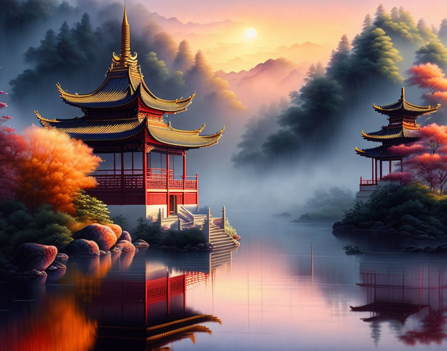 Asian Pagodas Surrounded by Misty Forests and Autumn Trees