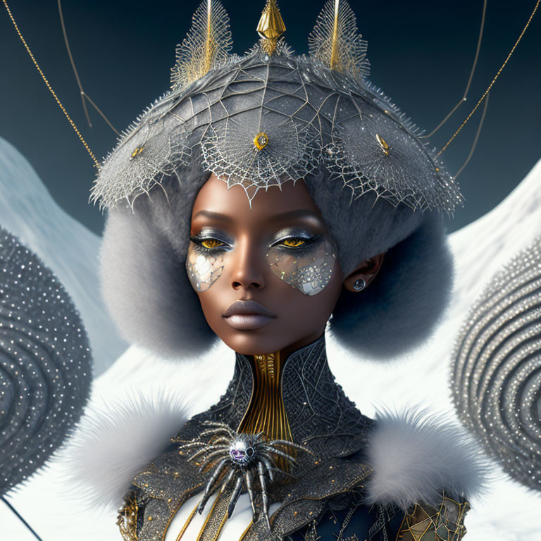 Fantasy-themed digital art: Woman with gold spiderweb headwear in snowy setting