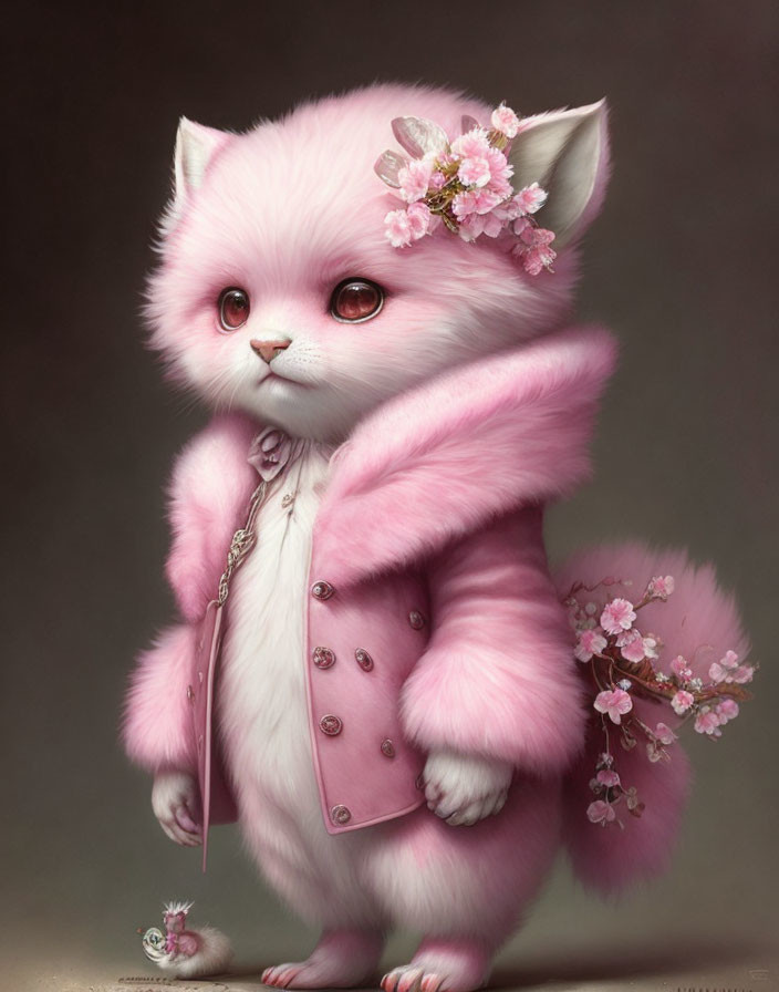 Pink anthropomorphic cat in cherry blossom coat with expressive eyes