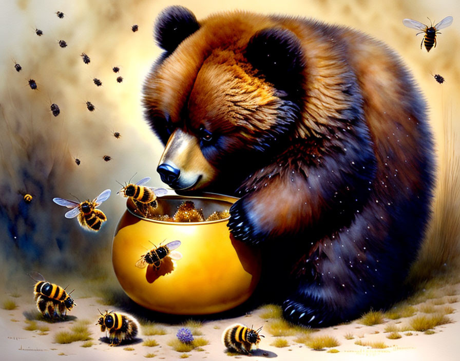 Fluffy panda with honey pot and bees scene