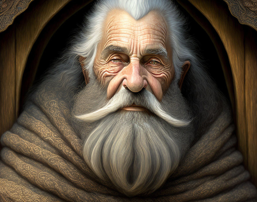 Elderly man with long white beard and blue eyes in brown cloak