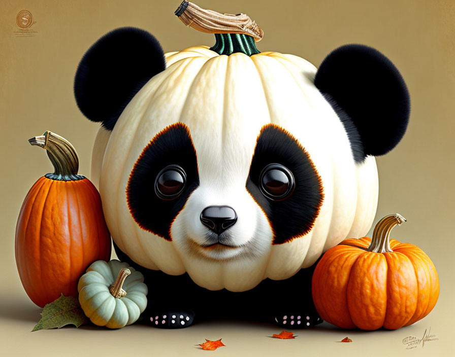 Illustration of panda with large eyes and pumpkin-shaped body.