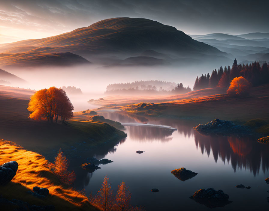 Tranquil sunrise landscape with rolling hills, calm river, autumn trees, misty valleys, warm