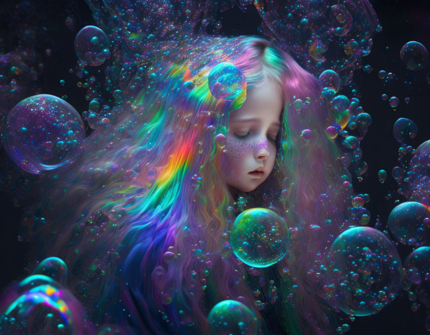 Child with Rainbow-Colored Hair Surrounded by Cosmic Bubbles