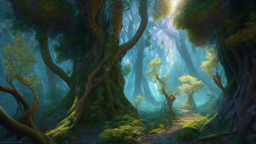 Mystical forest scene with towering trees and radiant light