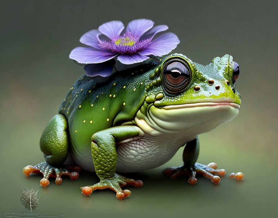 Realistic green frog with purple flower on head against blurred background