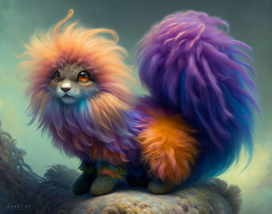 Colorful Fluffy Mythical Creature with Cat-Lion Features