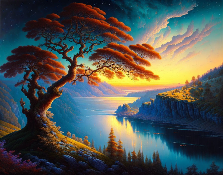 Surreal landscape with fiery orange tree overlooking tranquil lake