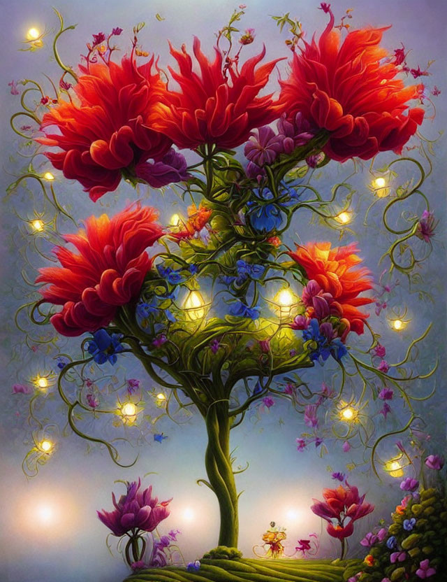 Colorful tree illustration with red flowers, lanterns, and tiny characters in dreamy setting