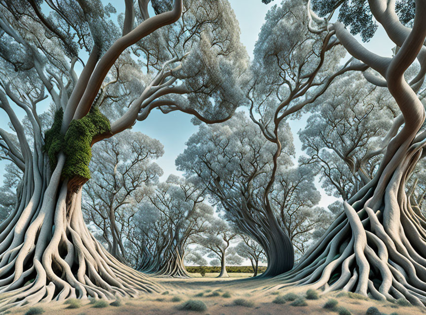 Fantastical forest with oversized, twisted trees under blue sky