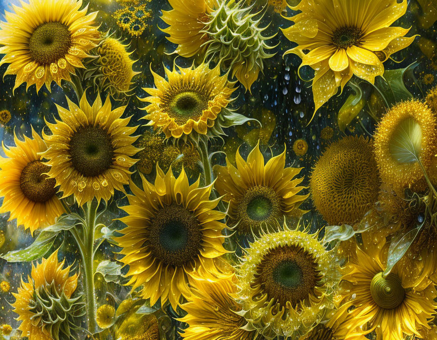 Assorted yellow sunflowers with water droplets on dreamy backdrop