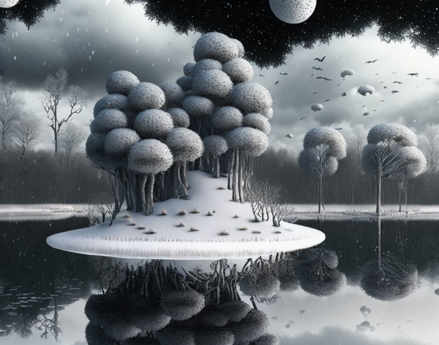 Snow-covered dome-shaped trees on island mirrored in dark water under starry sky.