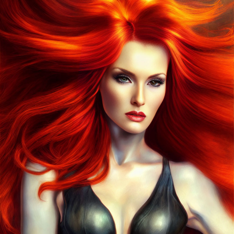 Vibrant red-haired woman in digital art with intense gaze.