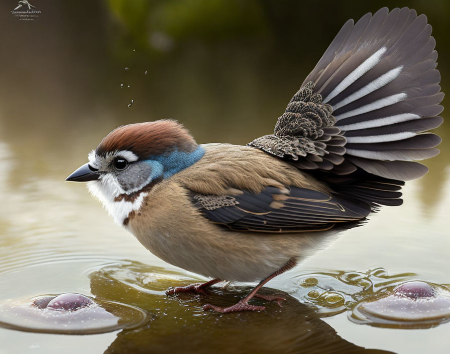 Colorful bird with brown body and blue cheeks in shallow water splashing droplets