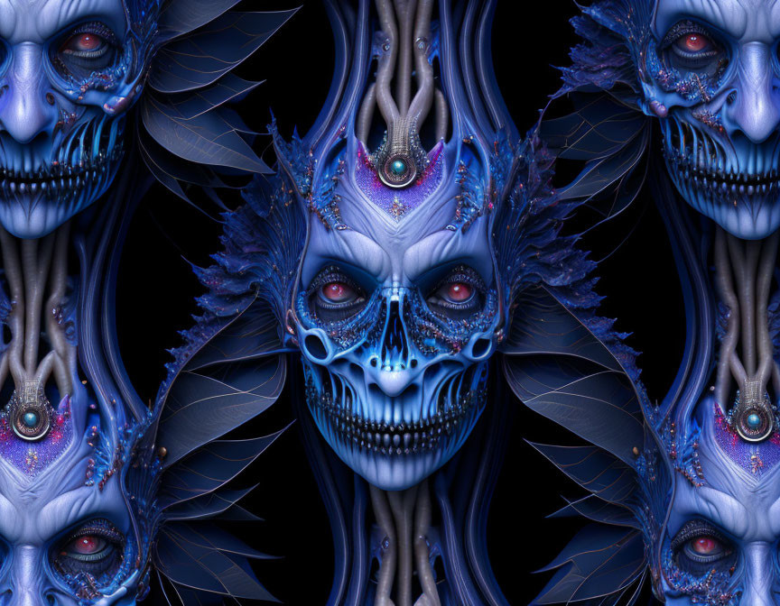 Symmetrical skull-like faces with blue and purple designs