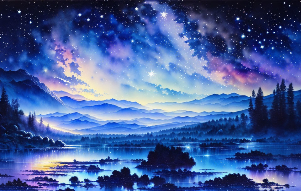 Vibrant digital artwork: Starry night sky, blue gradient, silhouetted mountains,