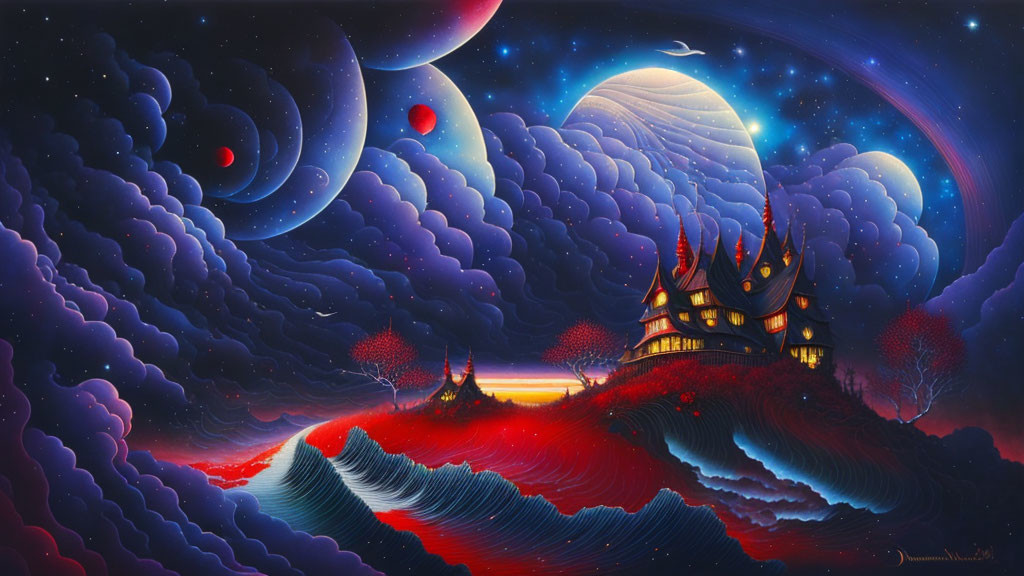 Surreal fantasy landscape with cosmic sky and fantasy castle