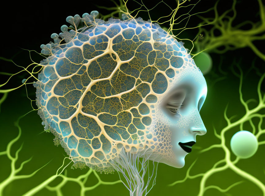 Human head illustration: brain depicted as interconnected nodes and synapses.