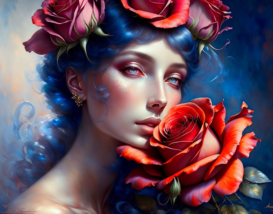 Vibrant digital artwork: Woman with blue hair and red roses, fantasy theme