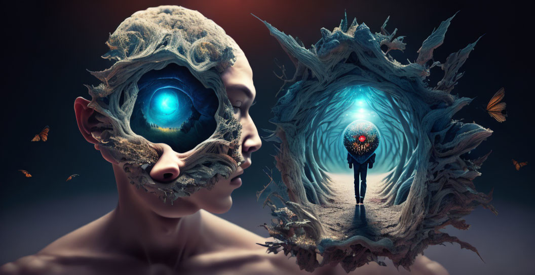 Surreal split-face person with glowing blue eye and tunnel scene.