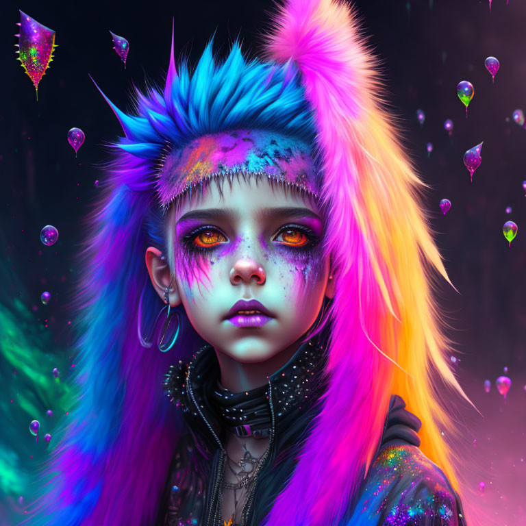 Vibrant digital artwork: person with blue and yellow hair, purple skin, neon makeup, floating