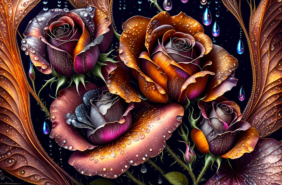 Colorful rose-themed artwork with butterfly-like petals and dewdrops on a dark background.