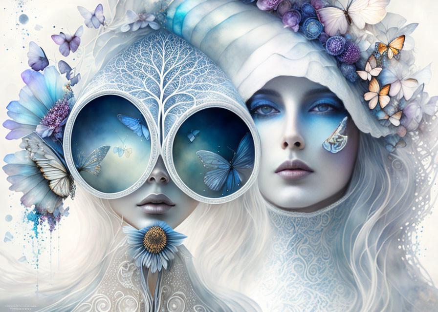 Fantastical woman illustration with oversized glasses reflecting butterflies in cool tones